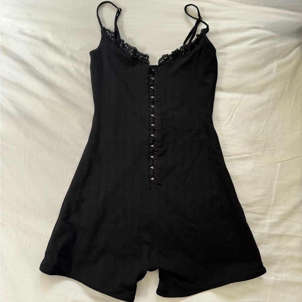 Frankie’s Bikini Black Lace-Trimmed Romper